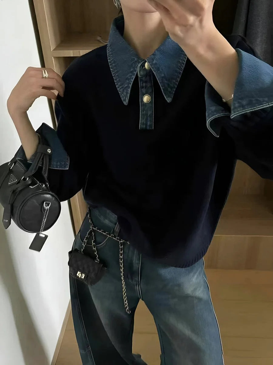 Amelie | Damen 2-in-1 Strick-Sweater mit Denim-Kragen und Metallknöpfen