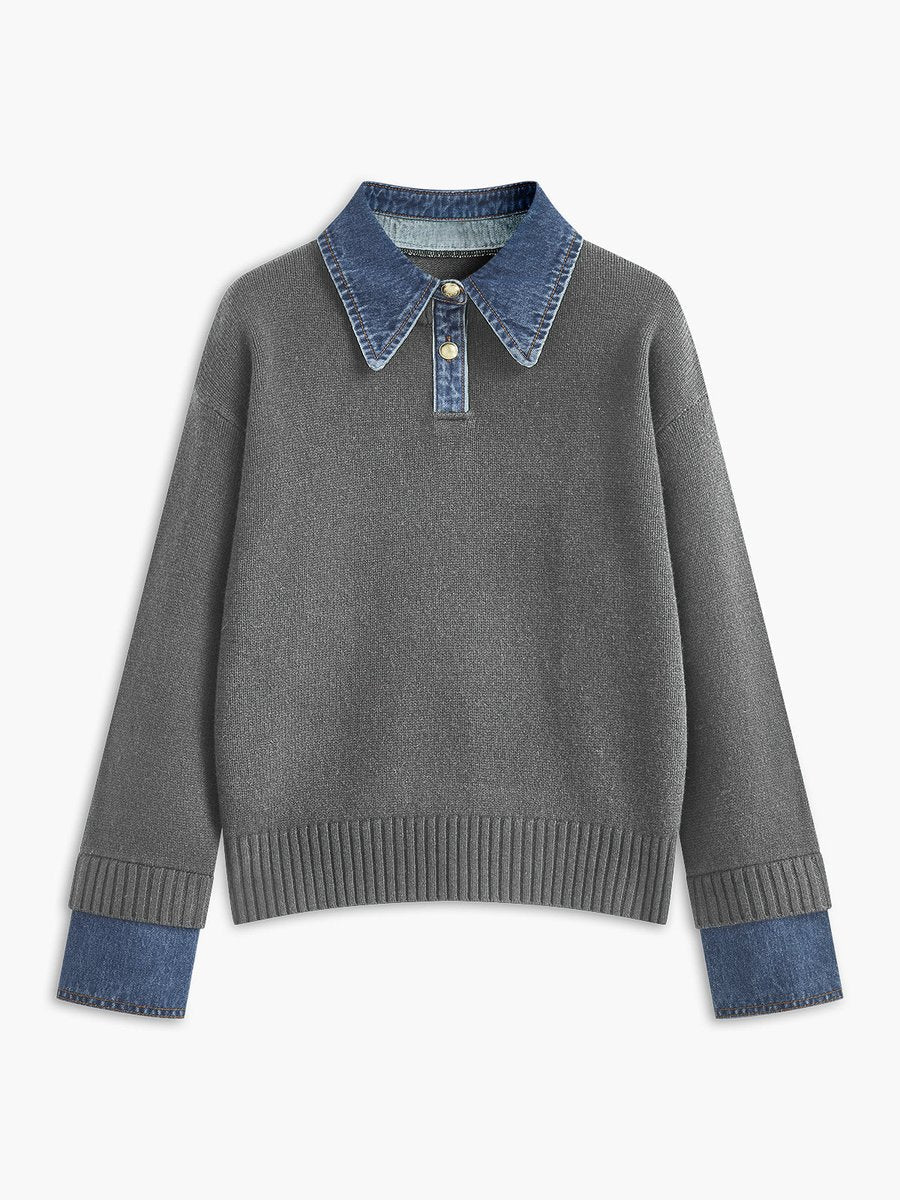 Amelie | Damen 2-in-1 Strick-Sweater mit Denim-Kragen und Metallknöpfen