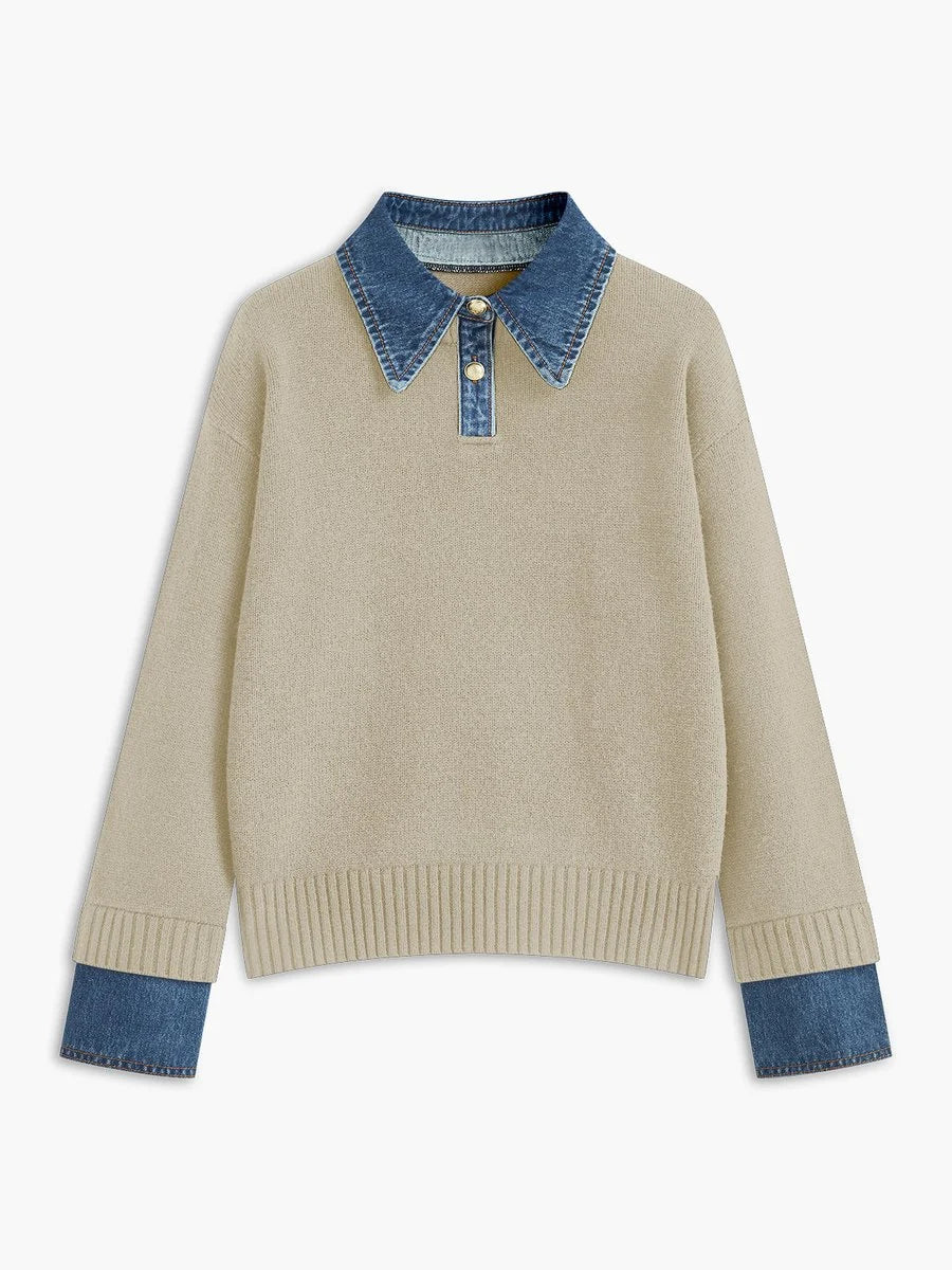 Amelie | Damen 2-in-1 Strick-Sweater mit Denim-Kragen und Metallknöpfen