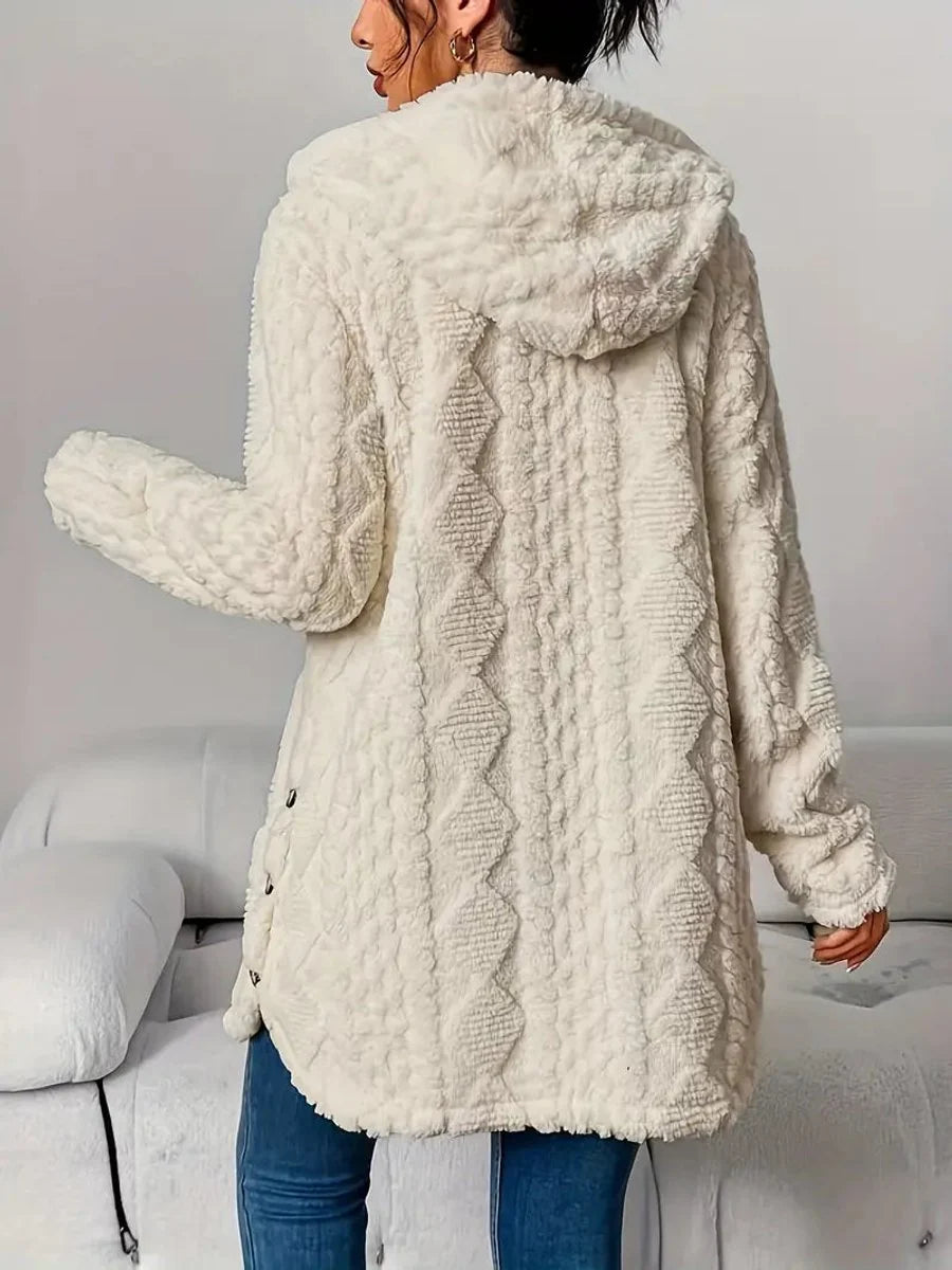 Annika | Damen Flauschiger Kapuzen-Cardigan Oversized Geknöpft