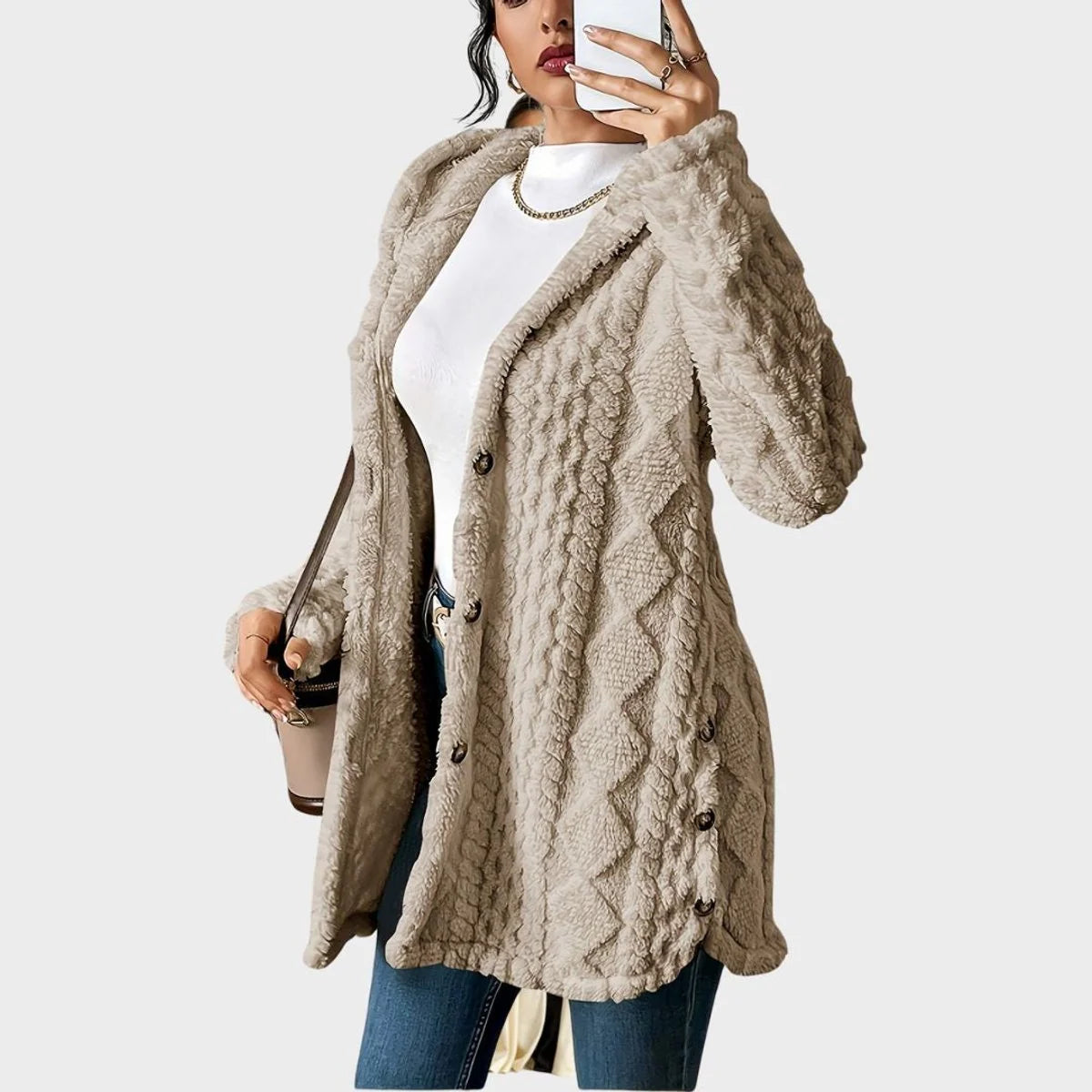 Annika | Damen Flauschiger Kapuzen-Cardigan Oversized Geknöpft
