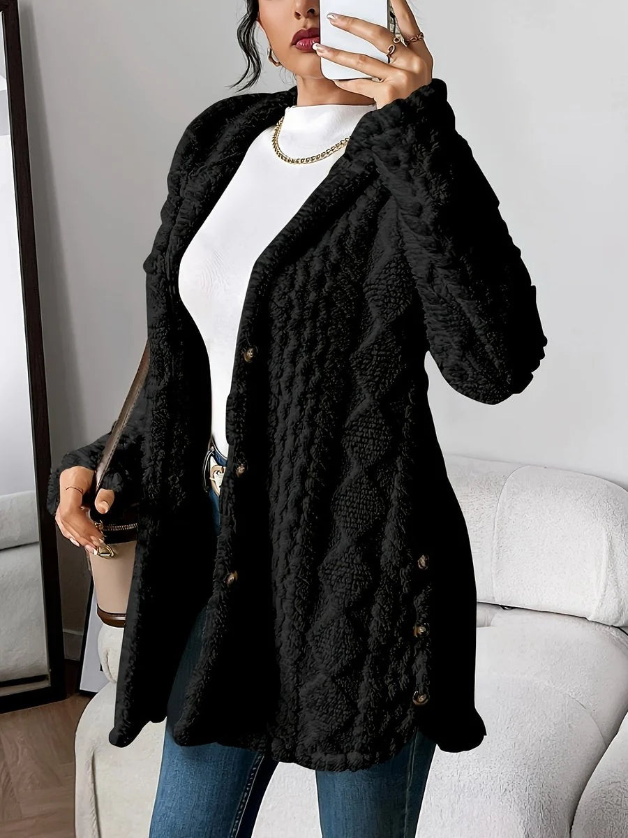 Annika | Damen Flauschiger Kapuzen-Cardigan Oversized Geknöpft
