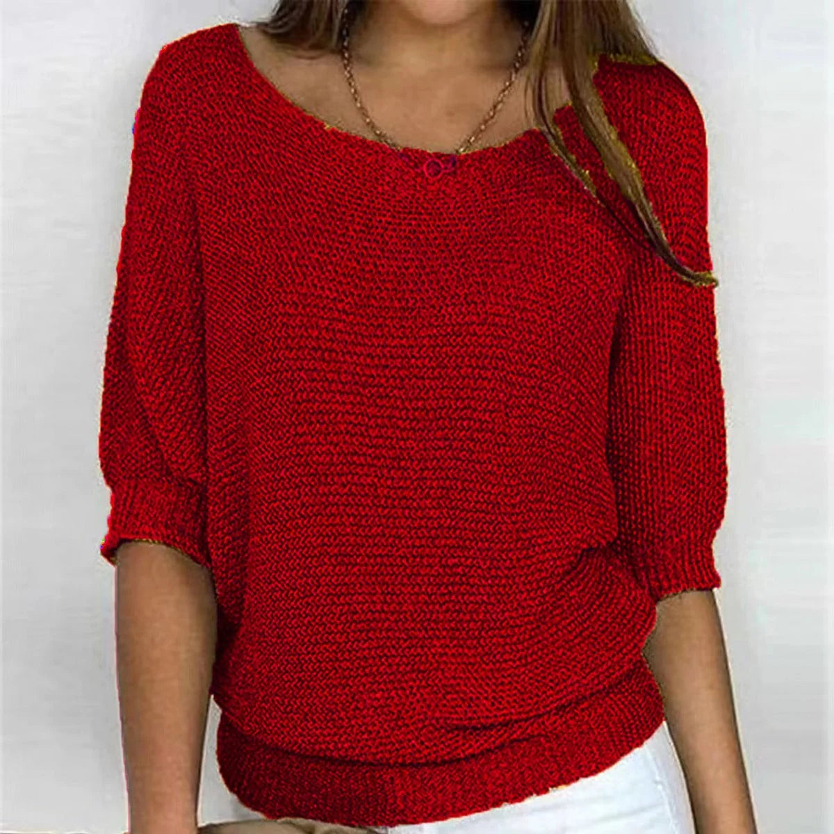 Charlotte | Damen Grobstrick-Pullover Rundhals Halbarm Lässiger Strickpullover