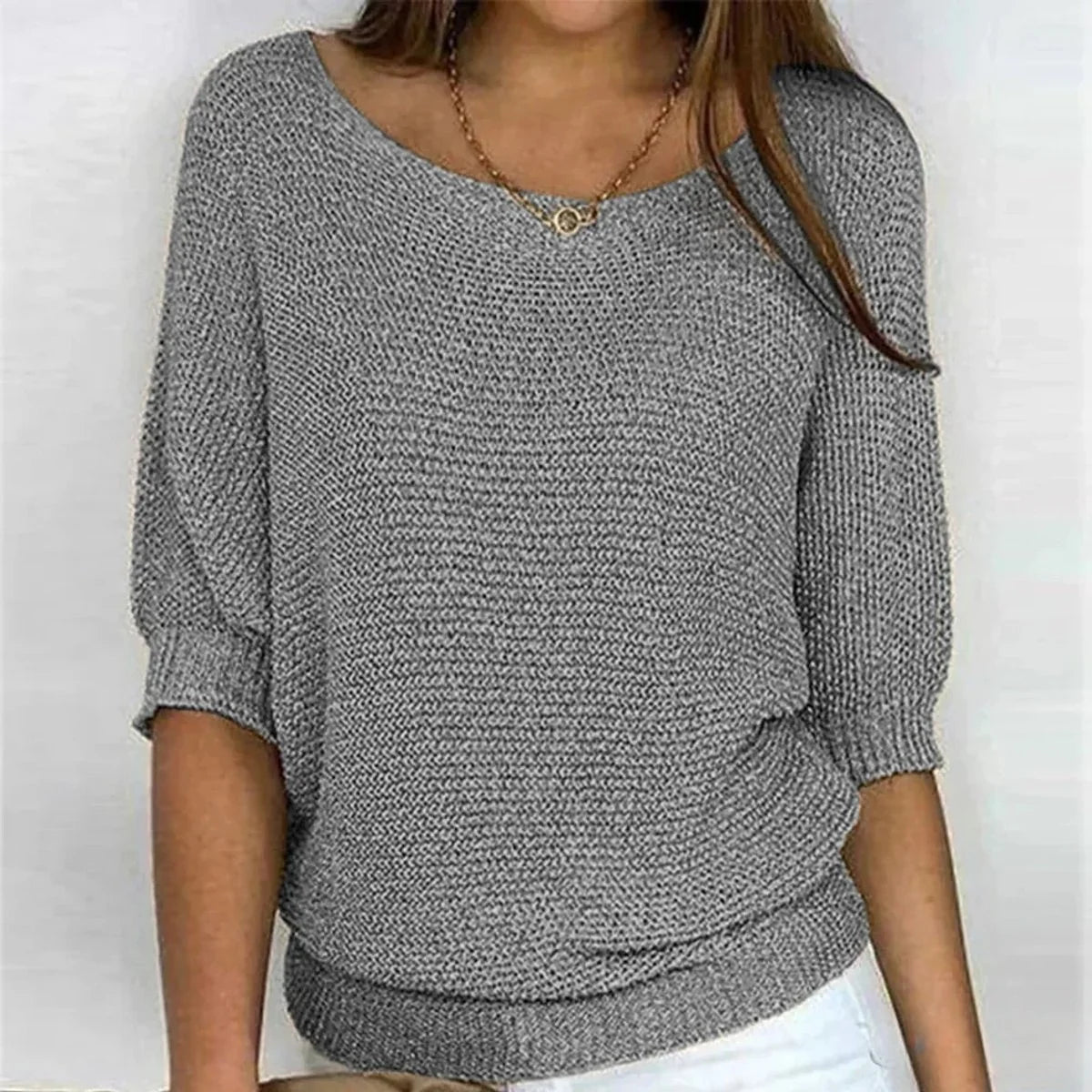 Charlotte | Damen Grobstrick-Pullover Rundhals Halbarm Lässiger Strickpullover