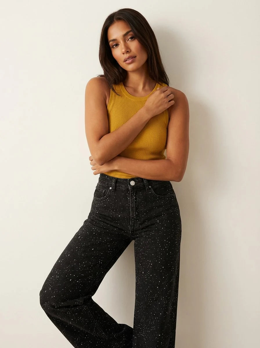 Charlotte | Damen High-Waist Straight-Leg Glitzer-Jeans