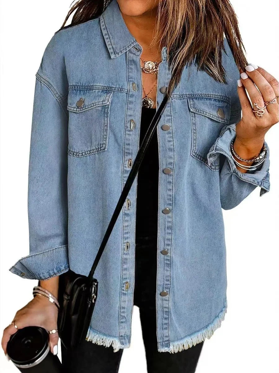Charlotte | Damen Oversized Jeansjacke Langarm mit Knopfleiste und Fransen
