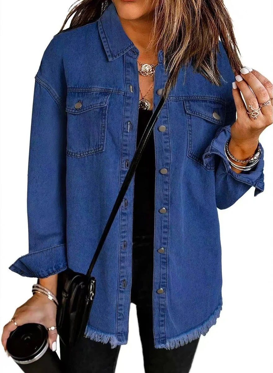 Charlotte | Damen Oversized Jeansjacke Langarm mit Knopfleiste und Fransen