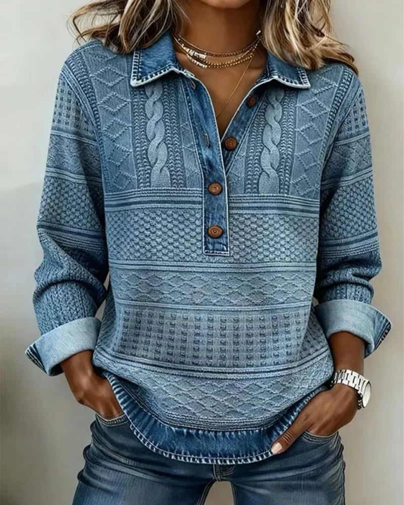 Charlotte | Damen Relaxed-Fit Halbknopf-Sweatshirt mit Denim-Kragen