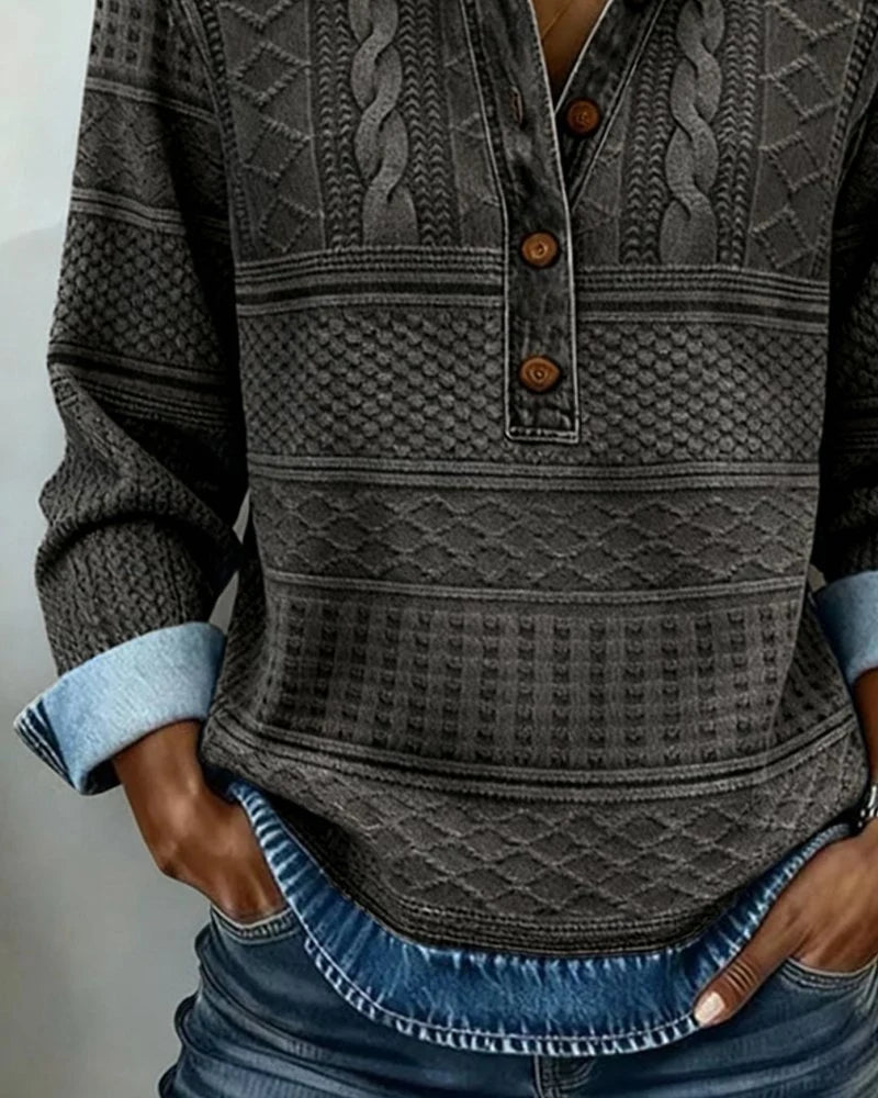 Charlotte | Damen Relaxed-Fit Halbknopf-Sweatshirt mit Denim-Kragen