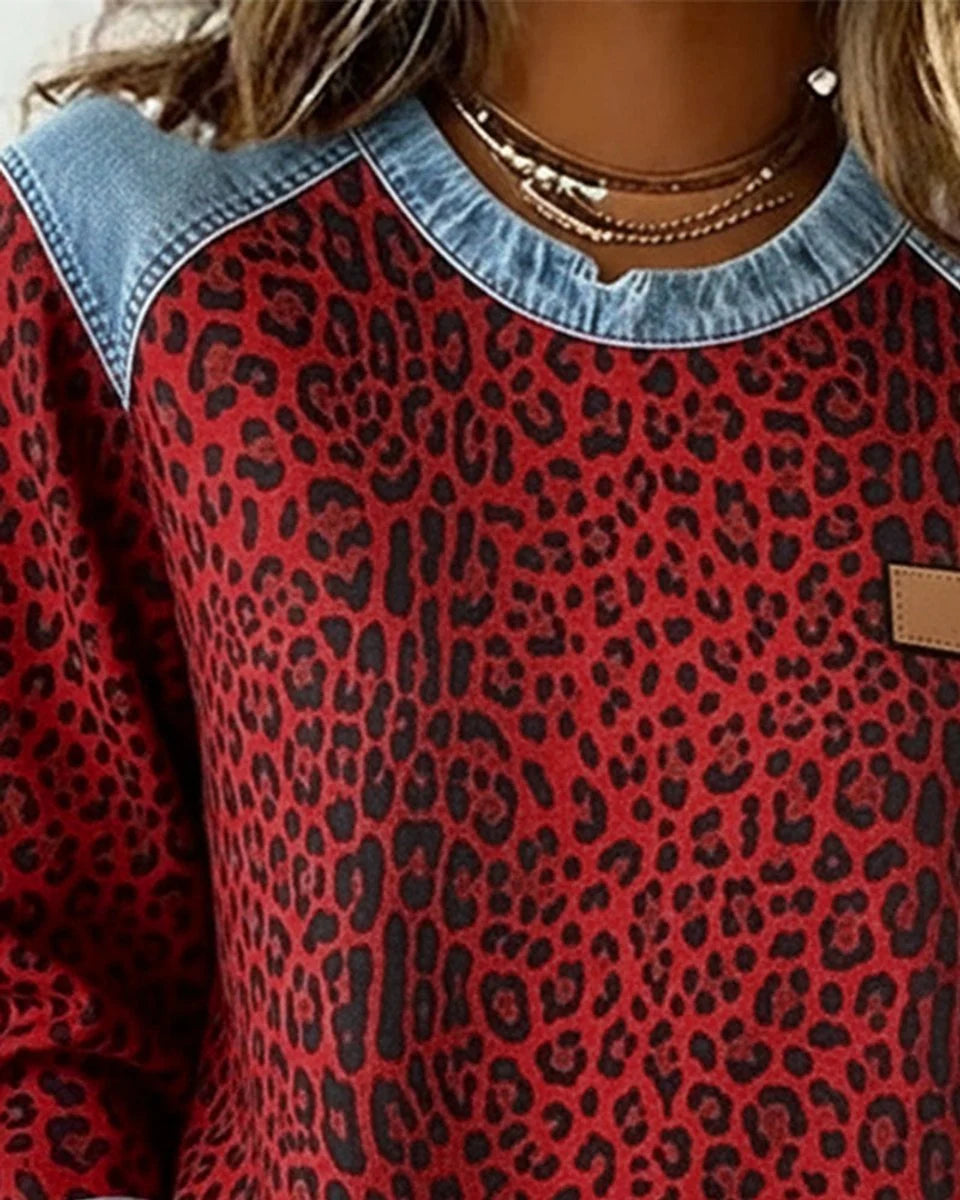 Charlotte | Damen Sweater Leopardenmuster Denim Patchwork Langarm Rundhals Sweatshirt