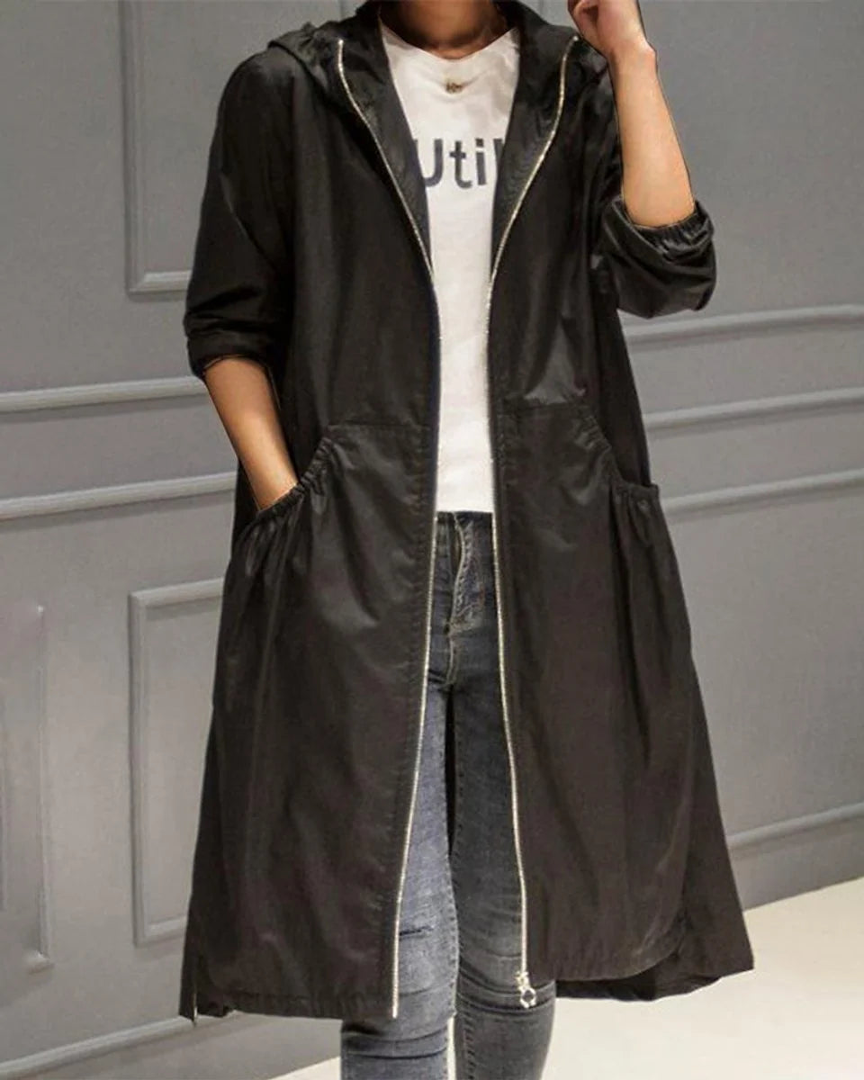 Charlotte | Damen Wasserabweisender Langer Kapuzen-Trenchcoat aus Polyester