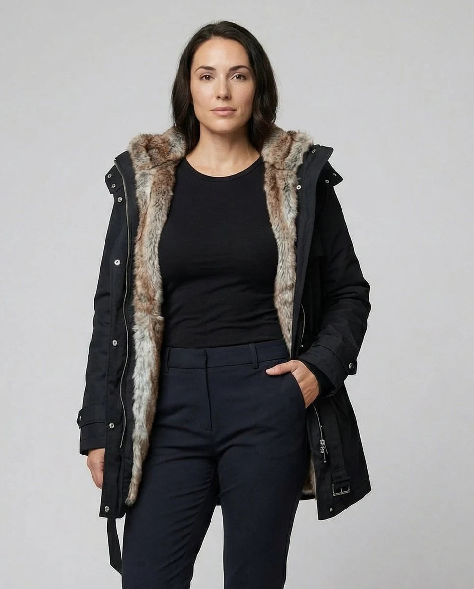 Charlotte | Wintermantel Damen Langer Gefütterter Parka mit Kunstfell-Kapuze