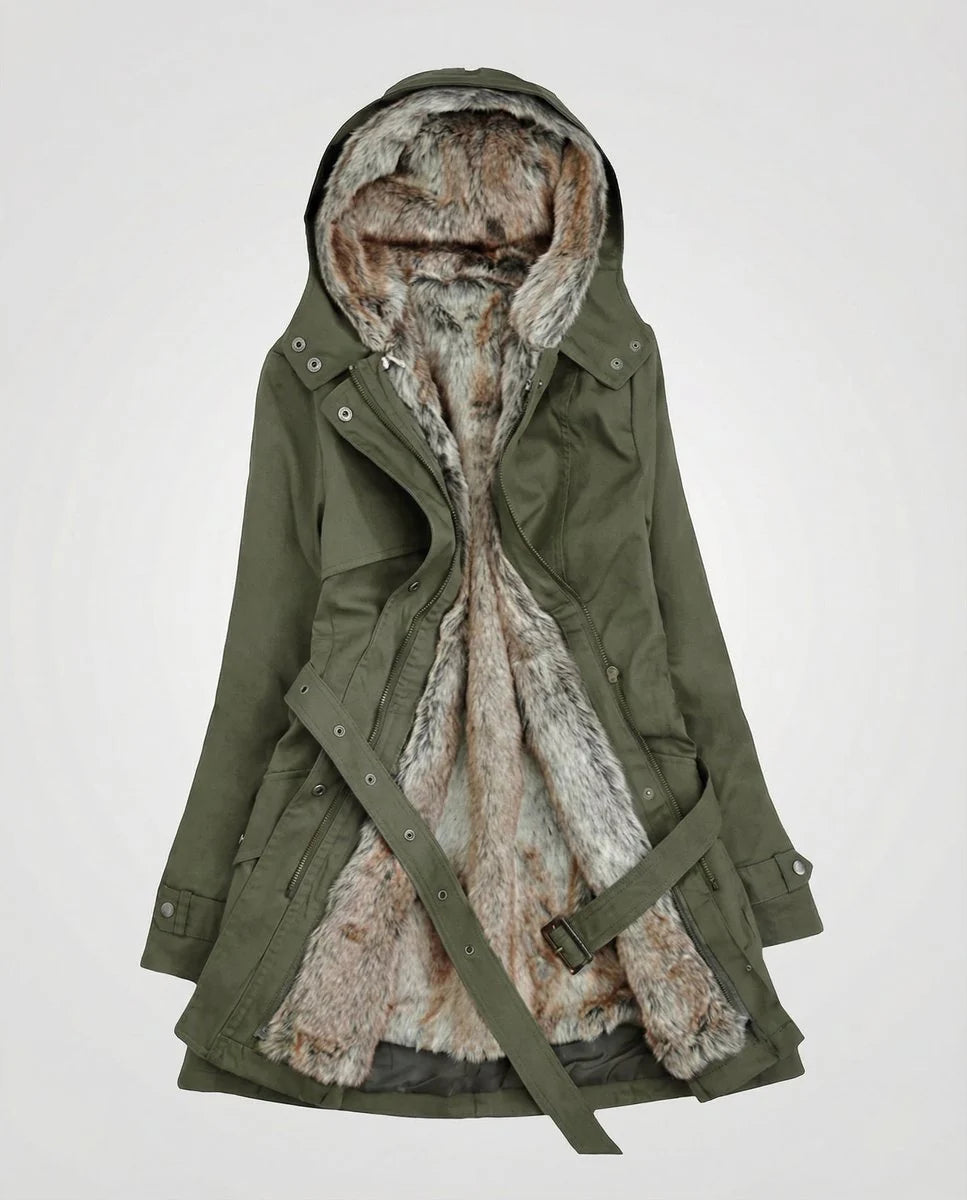 Charlotte | Wintermantel Damen Langer Gefütterter Parka mit Kunstfell-Kapuze