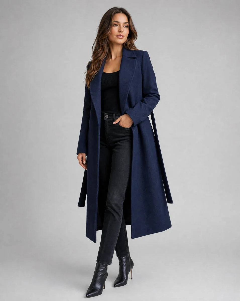 Clara | Damen Eleganter Gürtel-Wollmix Trench Coat Langer Wintermantel
