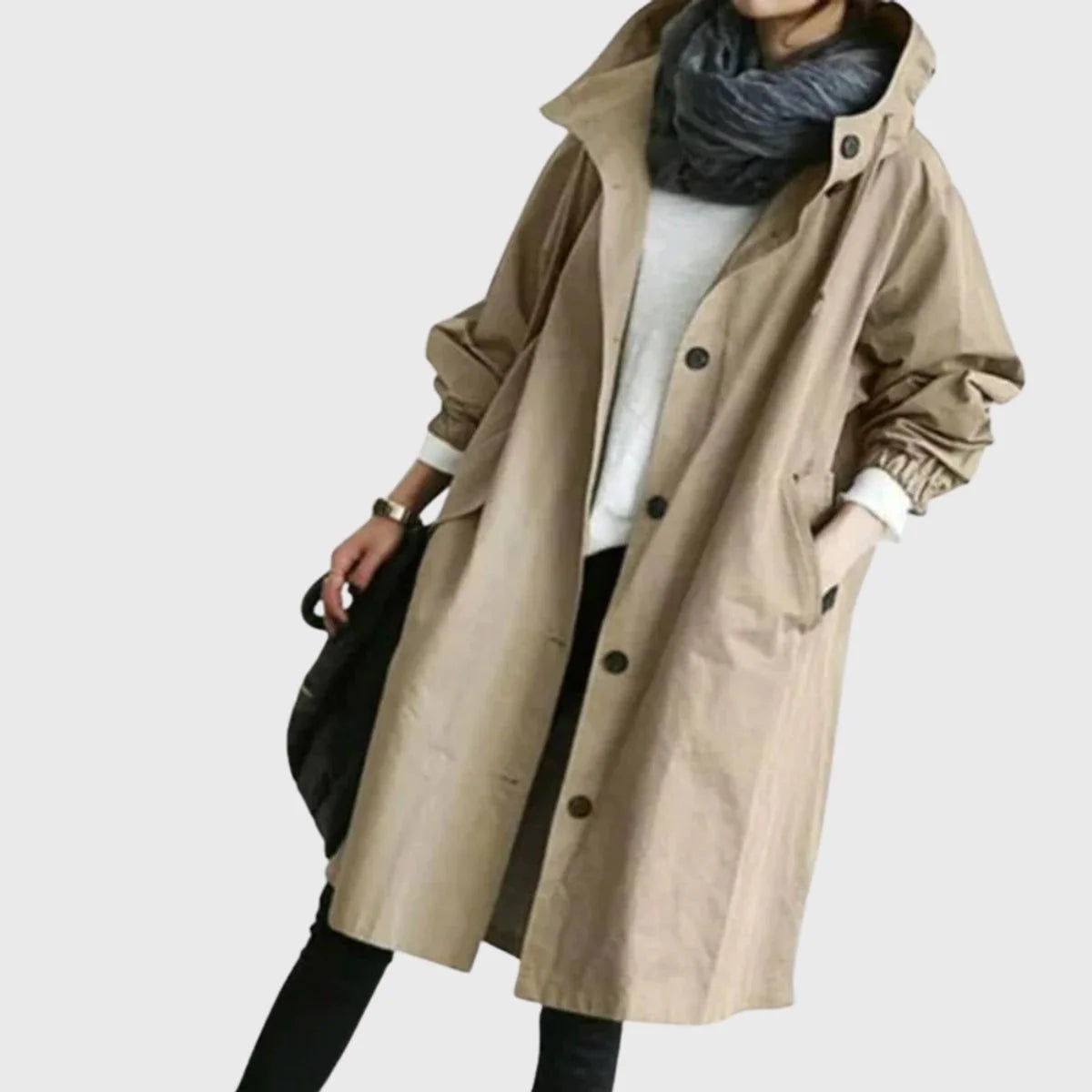 Clara | Damen Langer Wasserabweisender Kapuzen-Trenchcoat Weite Passform