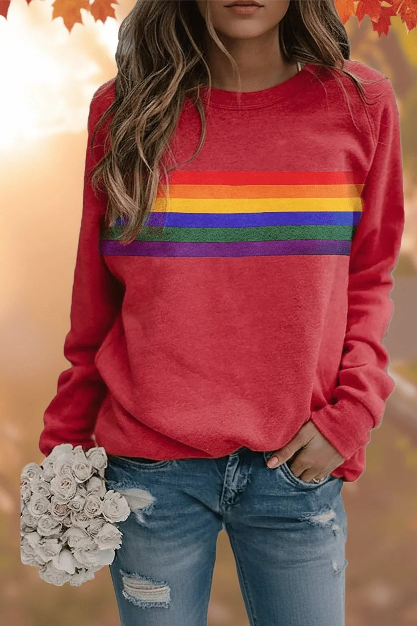 Clara | Damen Vintage Regenbogen-Streifen Langarm Sweatshirt