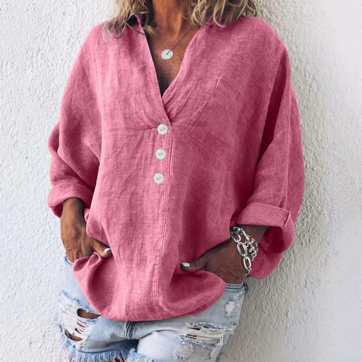 Elfriede | Damen Baumwoll-Leinen Oversized V-Ausschnitt Pullover Bluse