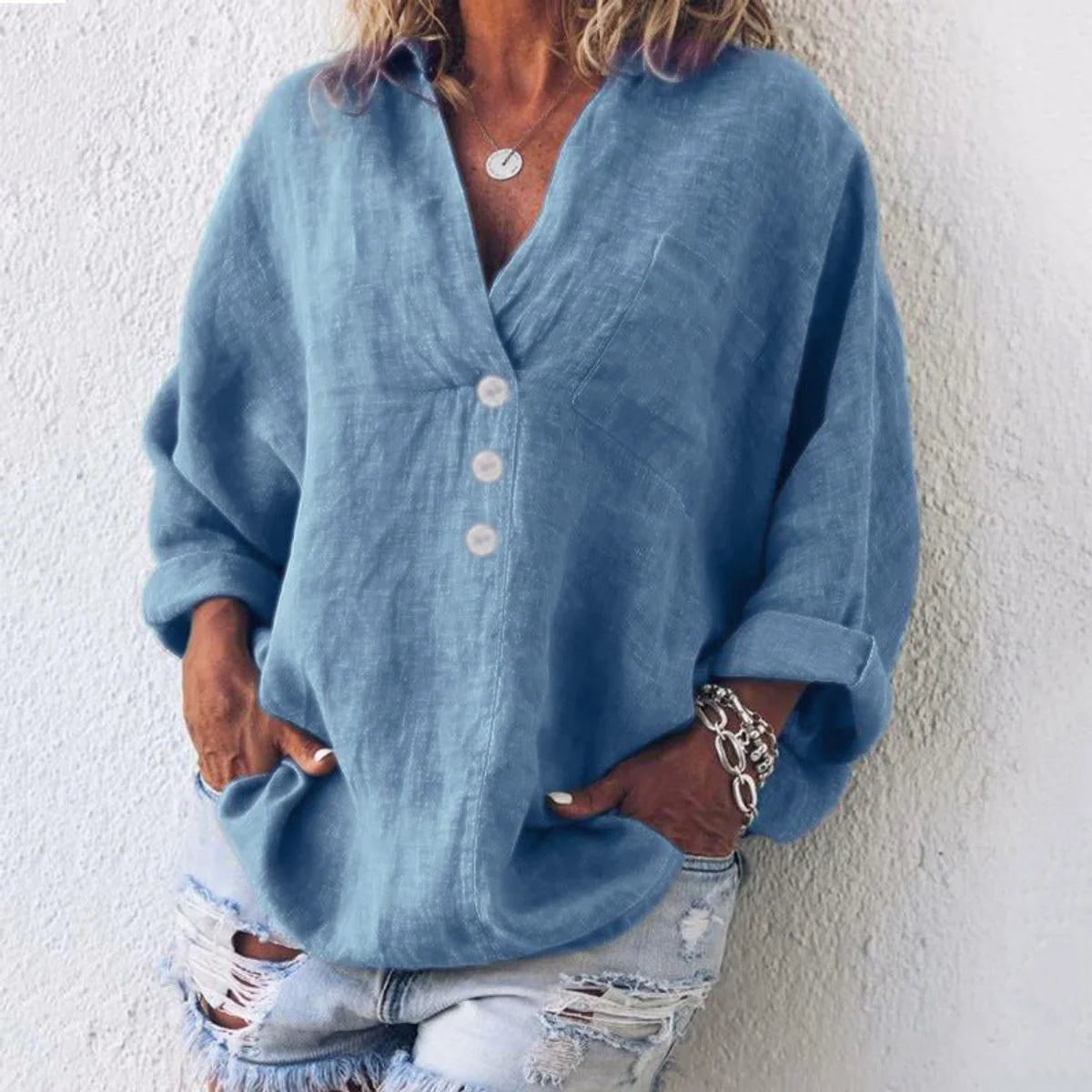 Elfriede | Damen Baumwoll-Leinen Oversized V-Ausschnitt Pullover Bluse