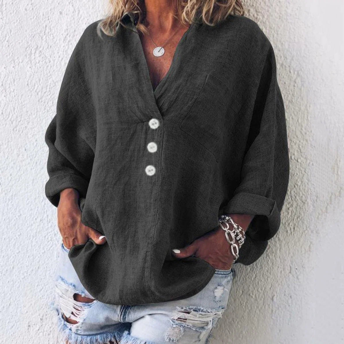 Elfriede | Damen Baumwoll-Leinen Oversized V-Ausschnitt Pullover Bluse