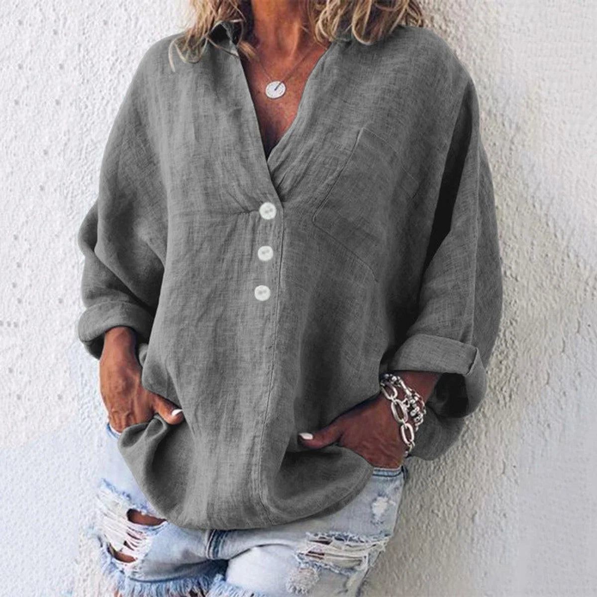 Elfriede | Damen Baumwoll-Leinen Oversized V-Ausschnitt Pullover Bluse