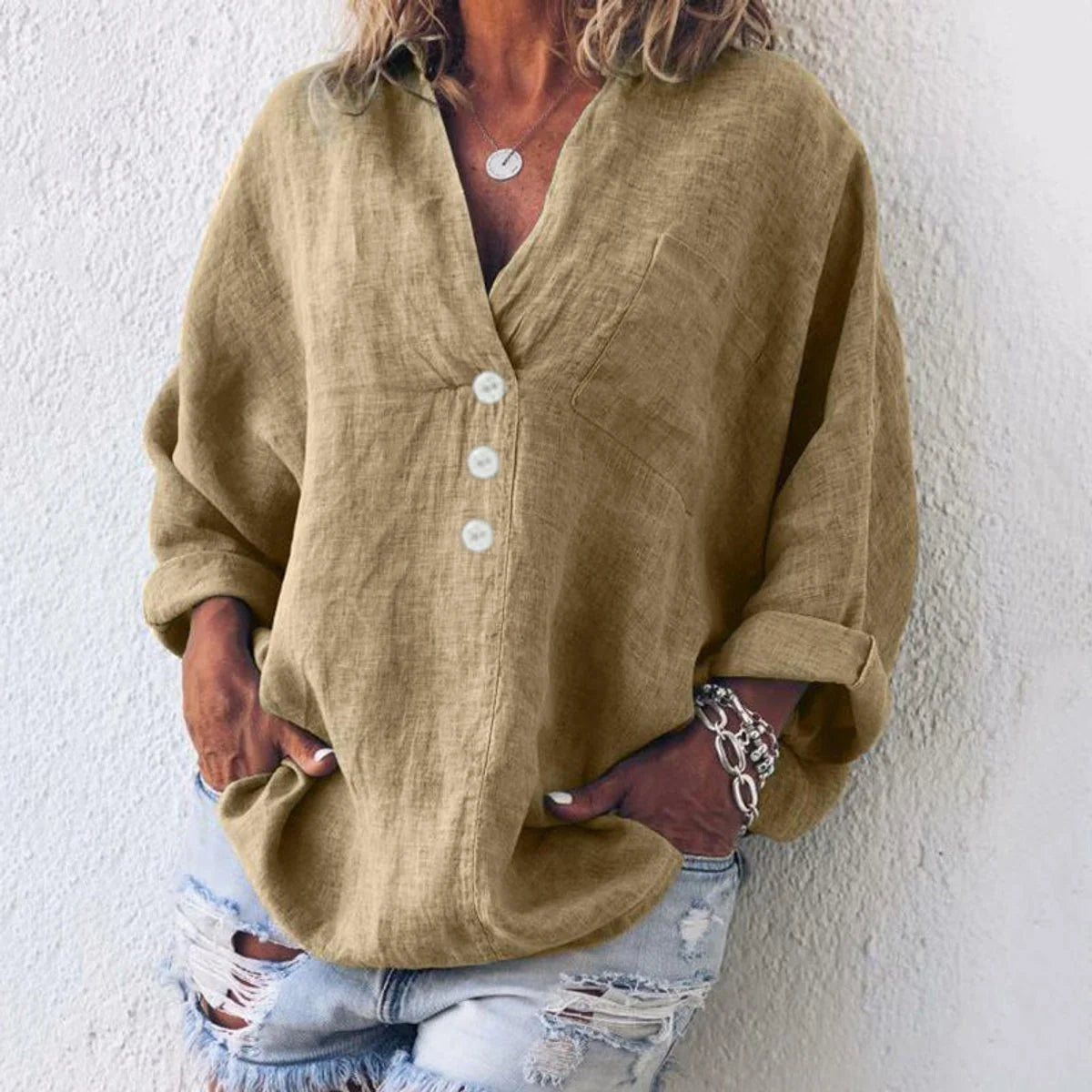 Elfriede | Damen Baumwoll-Leinen Oversized V-Ausschnitt Pullover Bluse