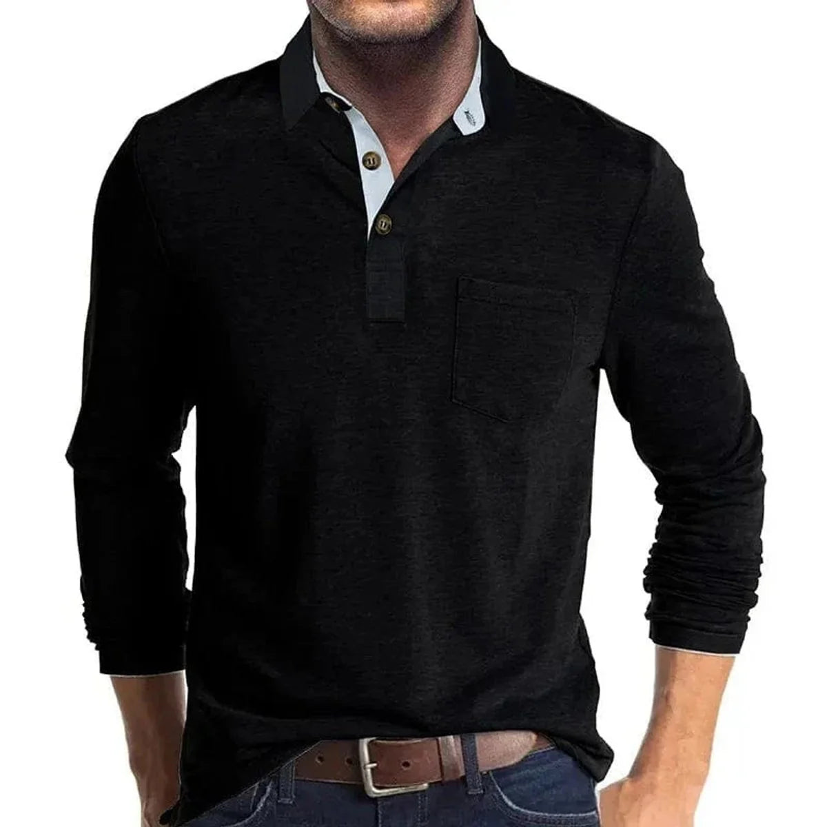 Elias | Herren Langarm-Poloshirt mit Knopfleiste und Brusttasche