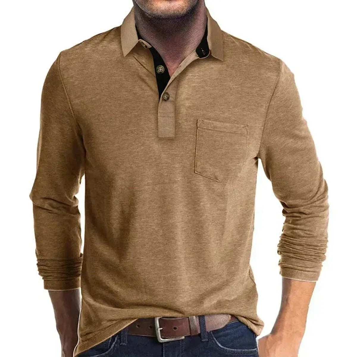 Elias | Herren Langarm-Poloshirt mit Knopfleiste und Brusttasche