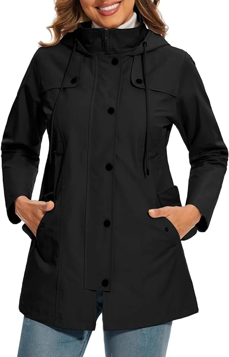 Elisabeth | Damen Coat Wasserdichter Kapuzen-Regenmantel Kariertes Fleecefutter