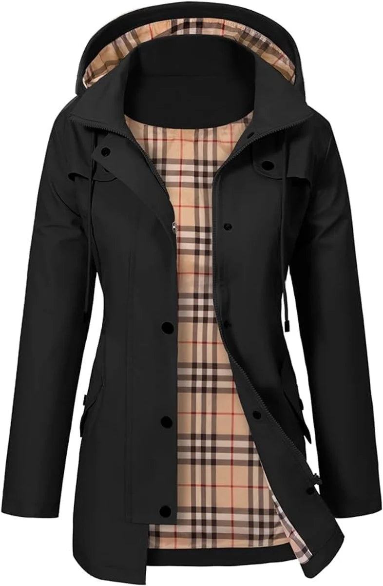 Elisabeth | Damen Coat Wasserdichter Kapuzen-Regenmantel Kariertes Fleecefutter