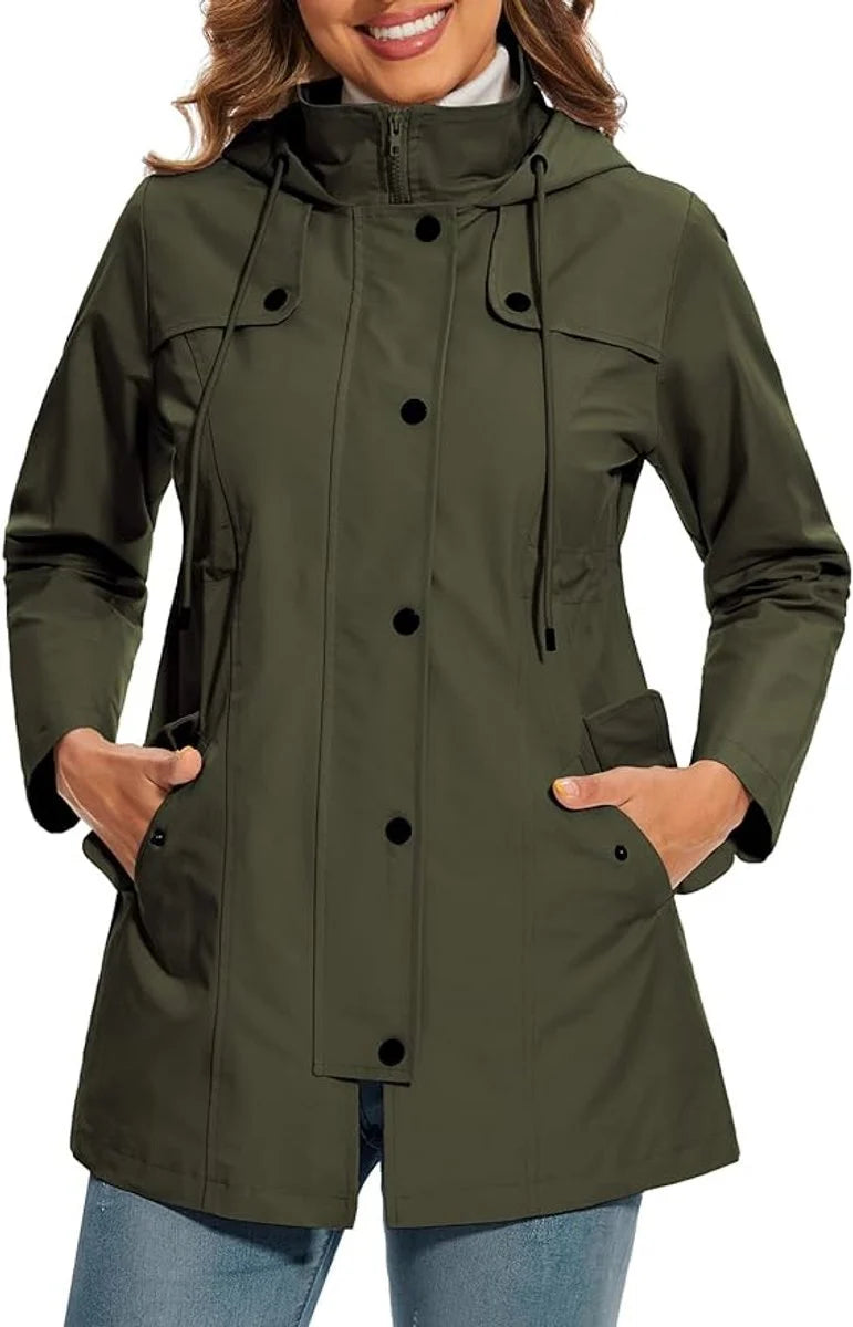 Elisabeth | Damen Coat Wasserdichter Kapuzen-Regenmantel Kariertes Fleecefutter
