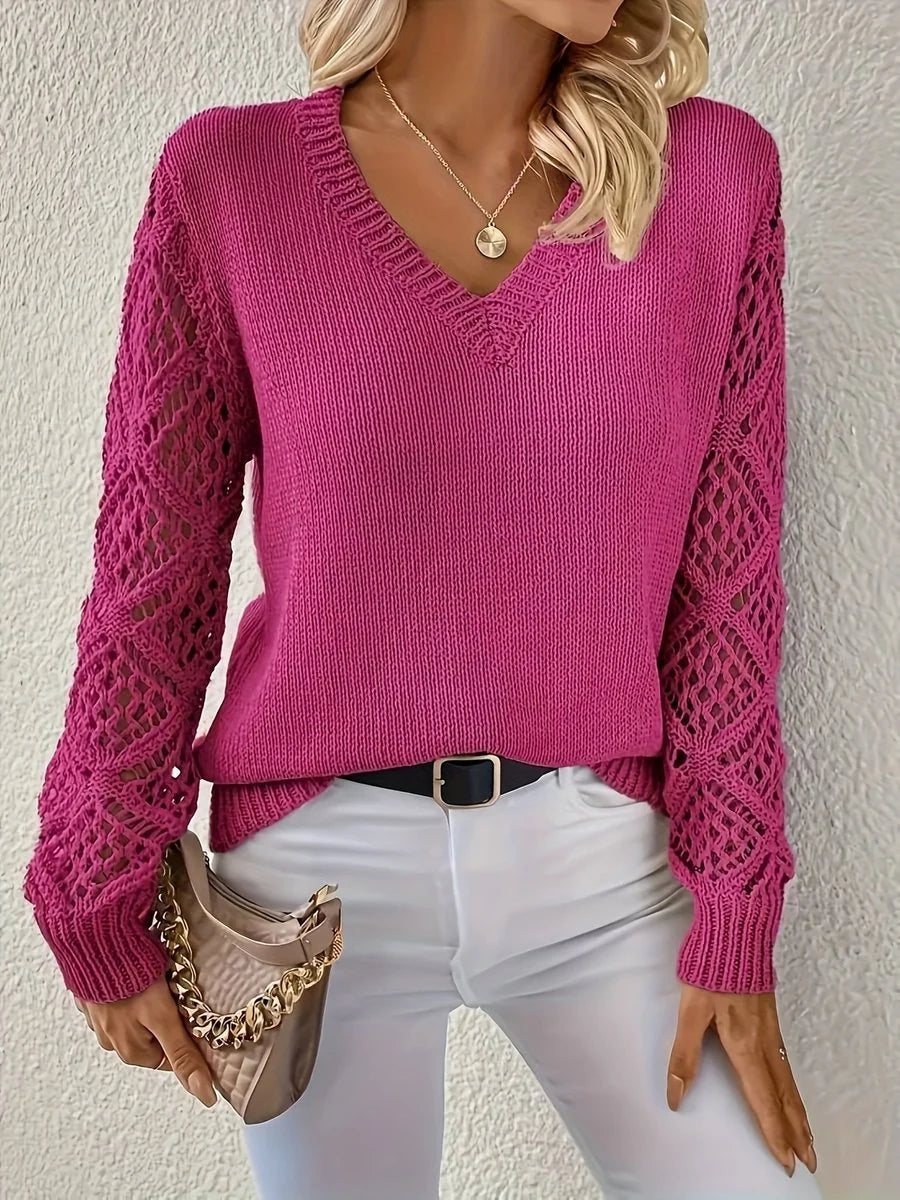 Elisabeth | Damen Langarm V-Ausschnitt Lochstrick Pullover Knit Sweater