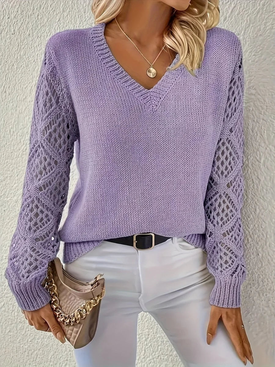 Elisabeth | Damen Langarm V-Ausschnitt Lochstrick Pullover Knit Sweater