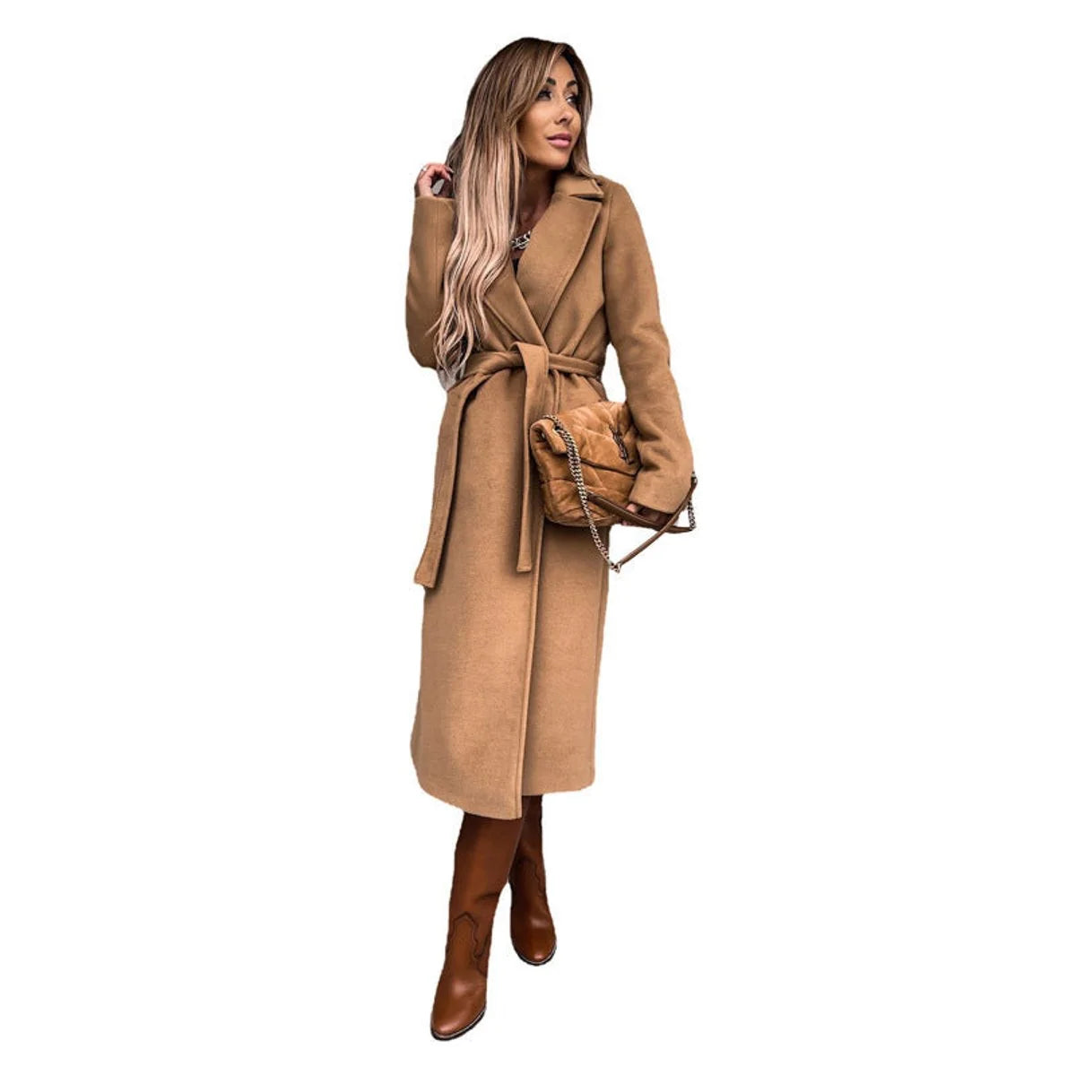 Elisabeth | Trenchcoat Damen Eleganter Langer Wollmantel mit Bindegürtel