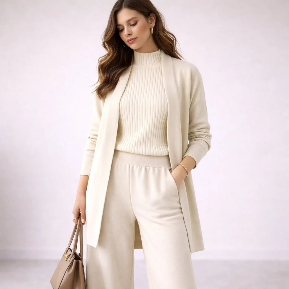 Emilia | Damen Dreiteiliges Strick-Loungewear-Set mit langem Cardigan