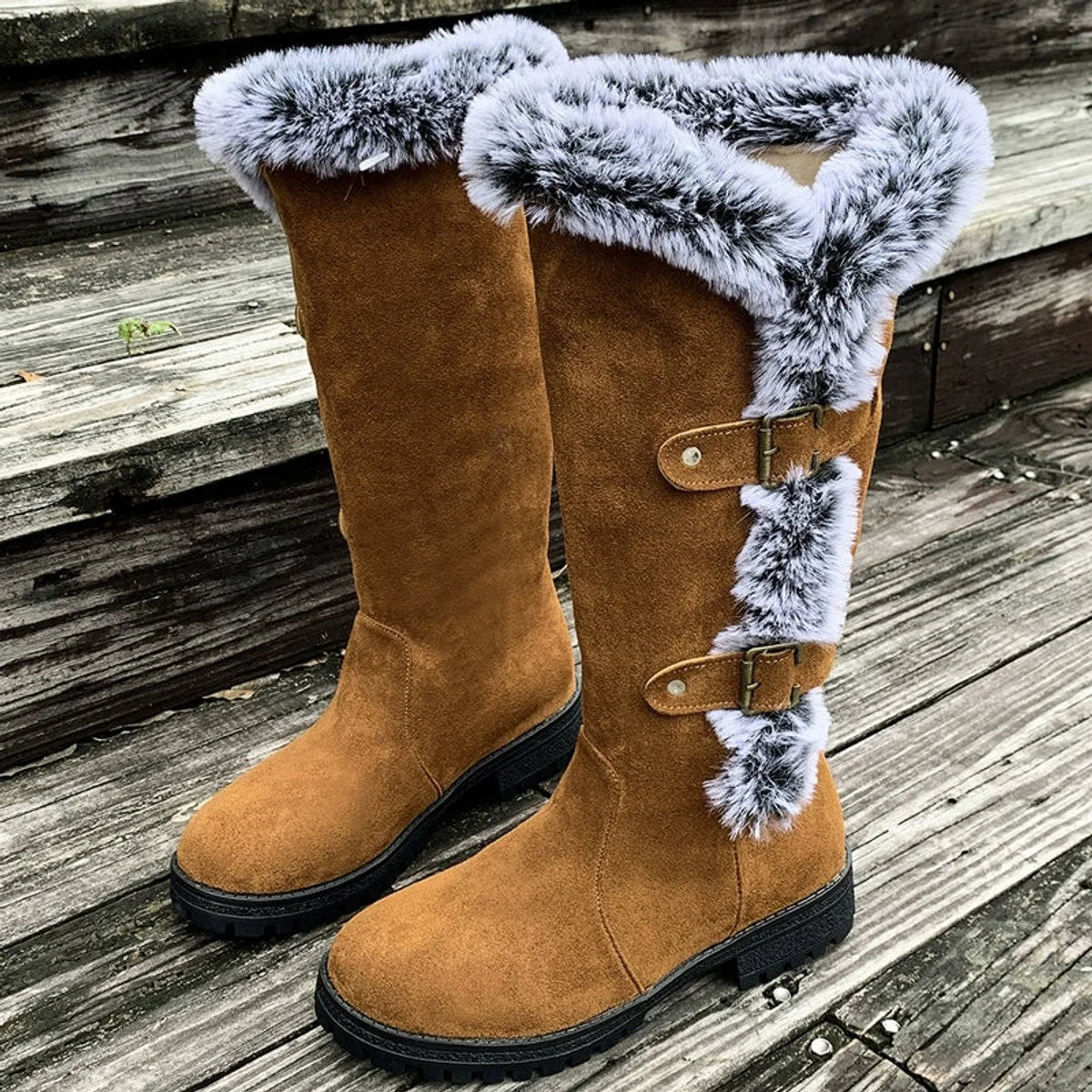 Hannah | Damen Gefütterte Kniehohe Stiefel mit Plüschbesatz Schnallen