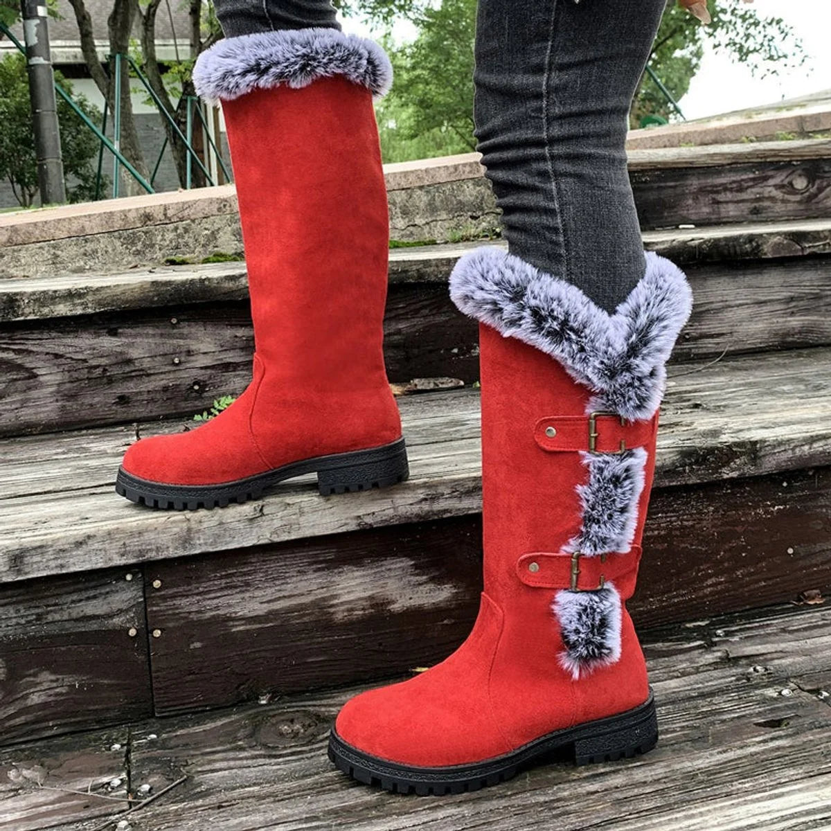Hannah | Damen Gefütterte Kniehohe Stiefel mit Plüschbesatz Schnallen