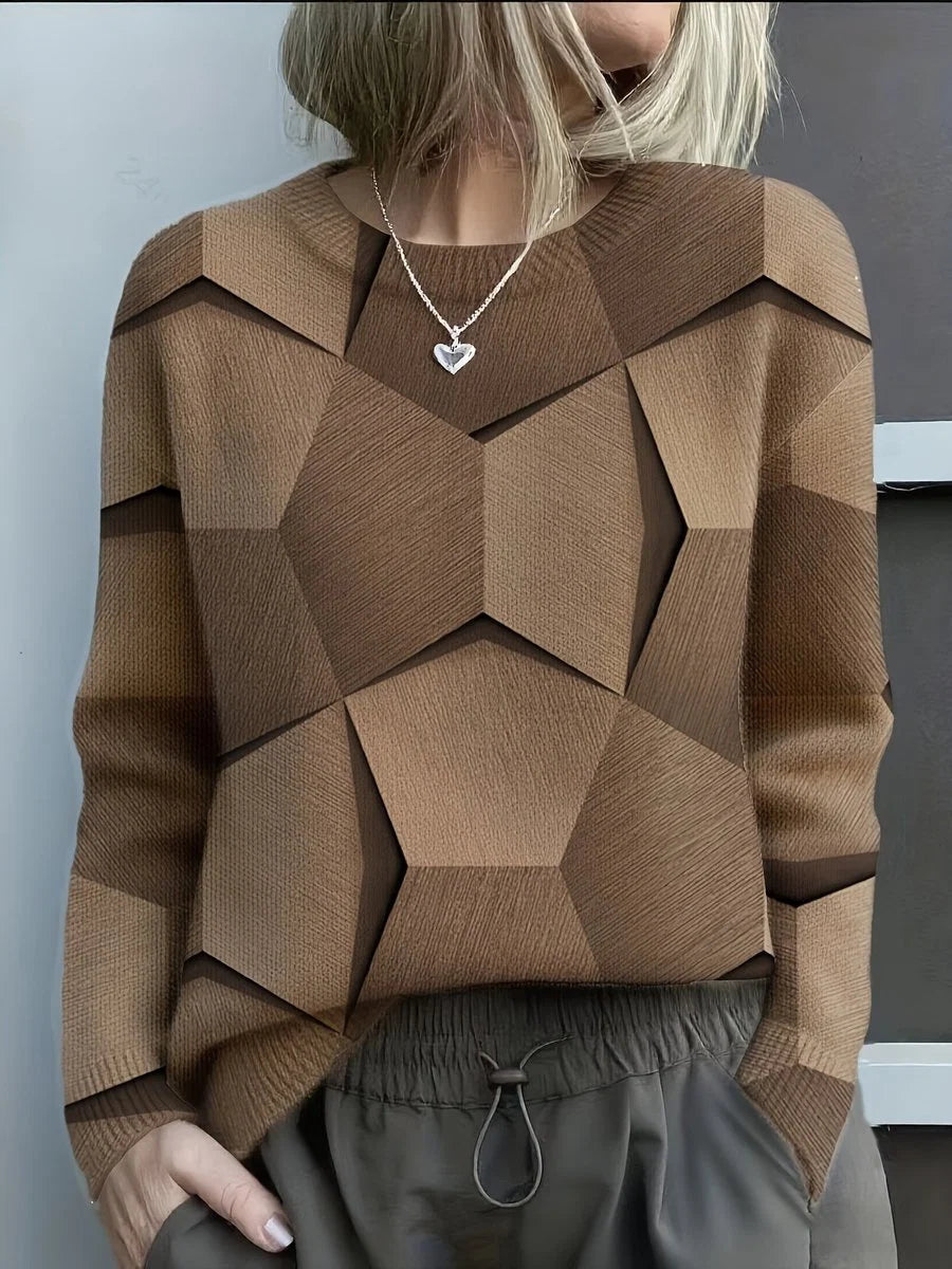 Hannah | Damen Knit Sweater mit geometrischem 3D-Muster Rundhals Langarm