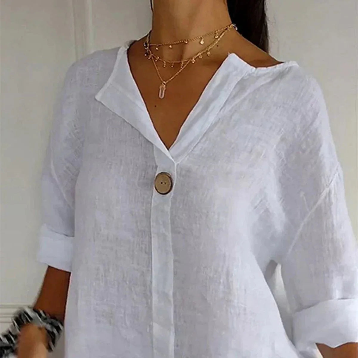 Hannah | Damen Leinen Lockere V-Ausschnitt Langarm Bluse Holzknopf