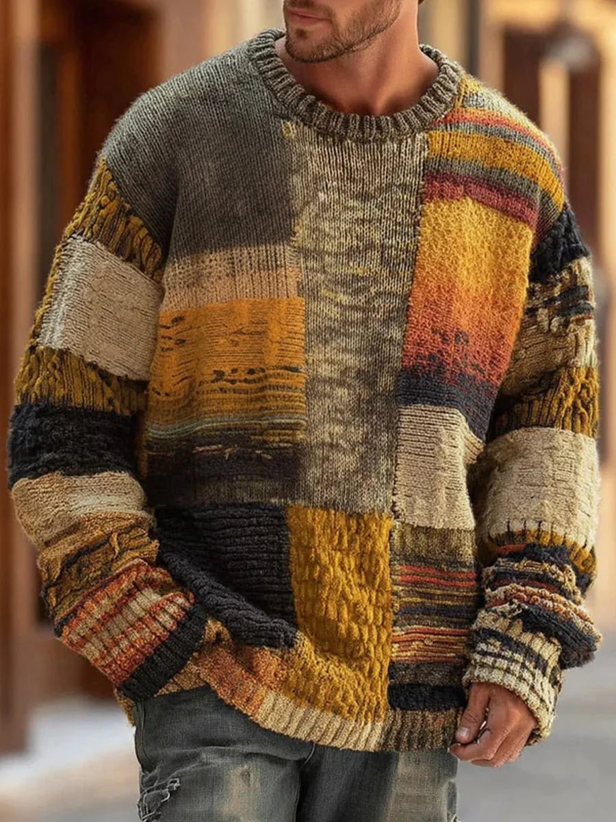 Herren Patchwork Knit Sweater Langarm Rundhals Grobstrick