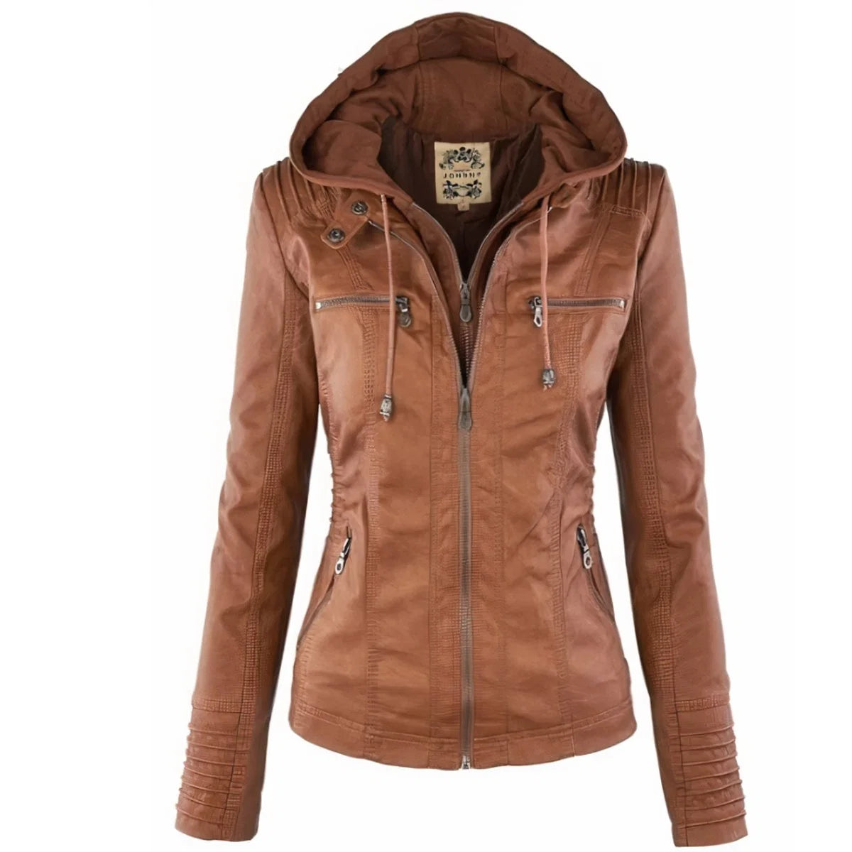 Katharina | Damen Kunstleder Bikerjacke mit Abnehmbarer Kapuze Reißverschluss