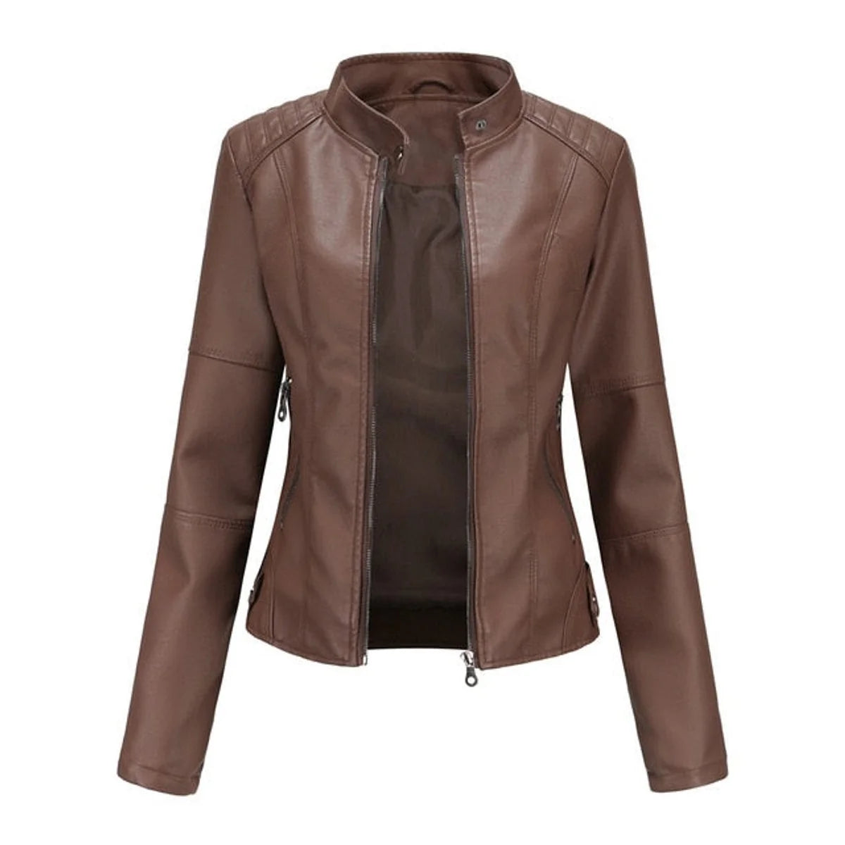 Katharina | Damen Kurze Taillierte Kunstleder Bikerjacke mit Reißverschluss
