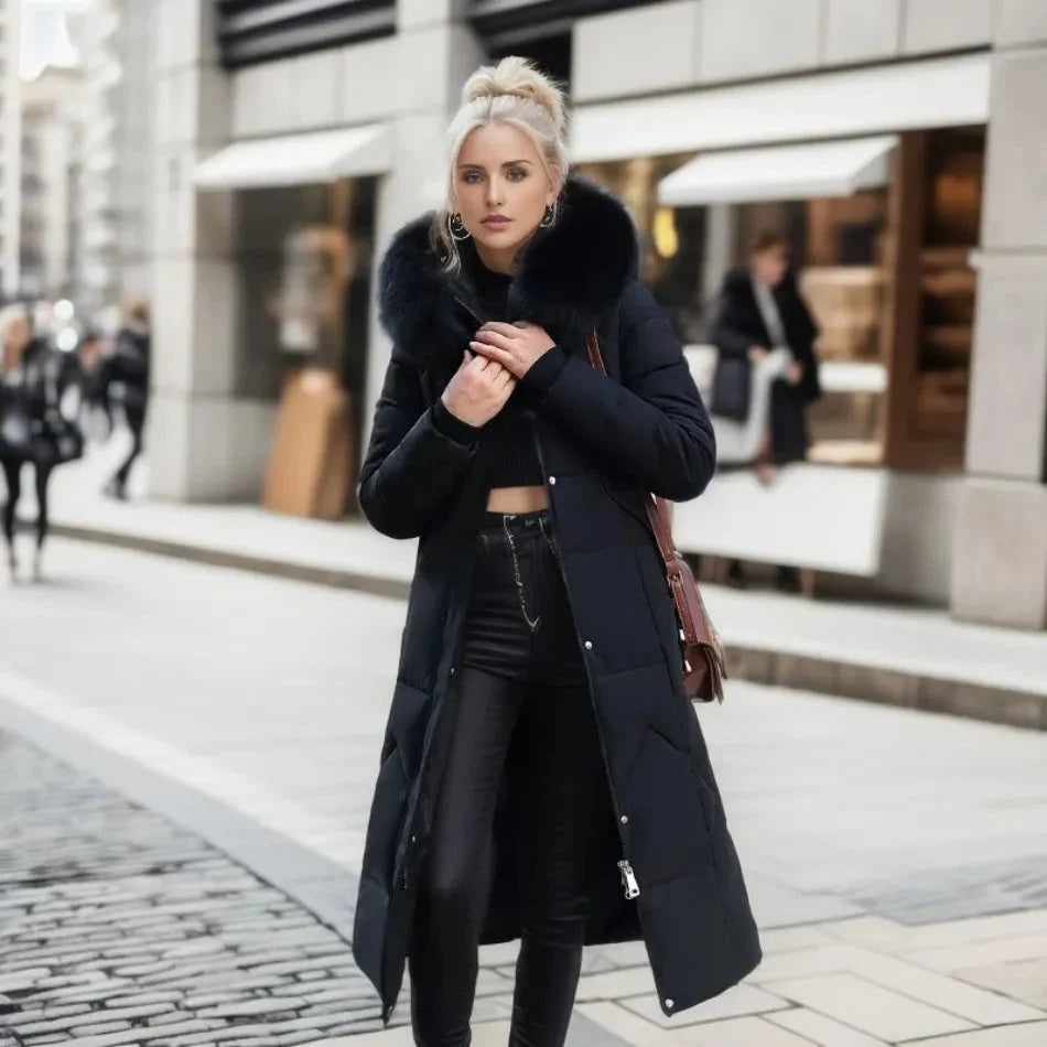 Katharina | Damen Langer Daunen-Steppmantel mit Kragen