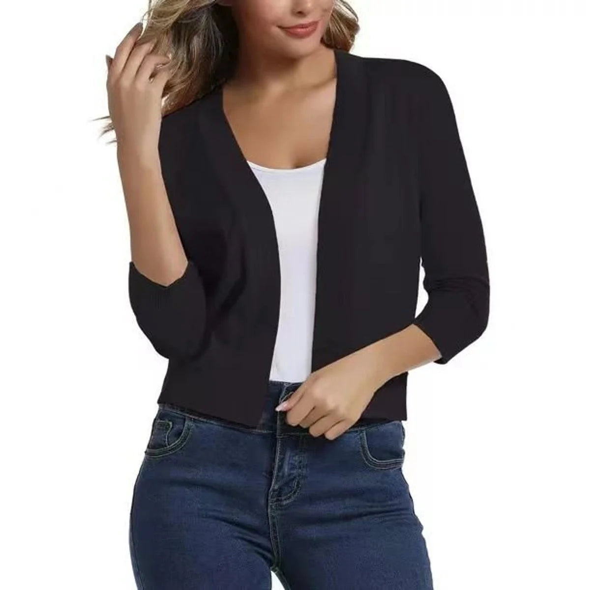 Katharina | Damen Offener Kurzjacken-Cardigan mit 3/4-Ärmeln