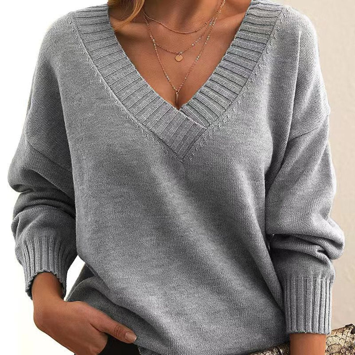 Katharina | Strickpullover Damen Weicher V-Ausschnitt Oversized Longpullover