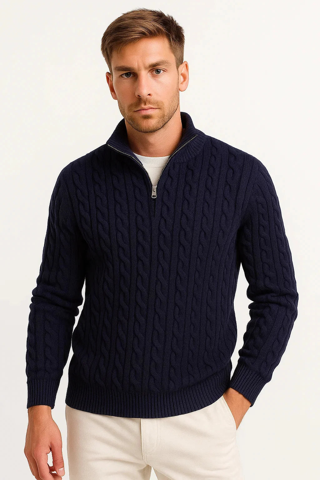 Konrad | Herren Frühlings Strickpullover mit Zopfmuster und Reißverschluss am Kragen