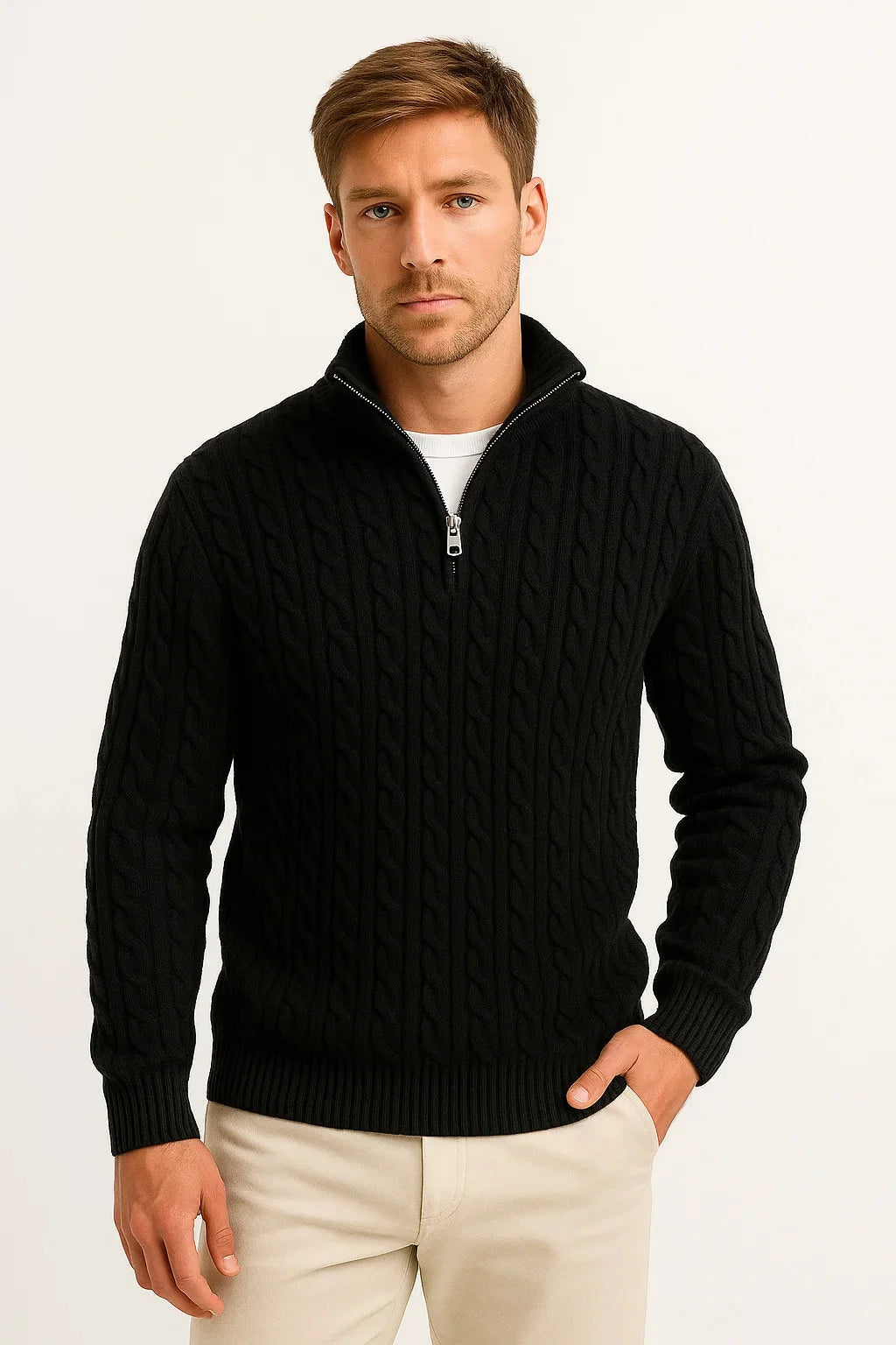 Konrad | Herren Frühlings Strickpullover mit Zopfmuster und Reißverschluss am Kragen