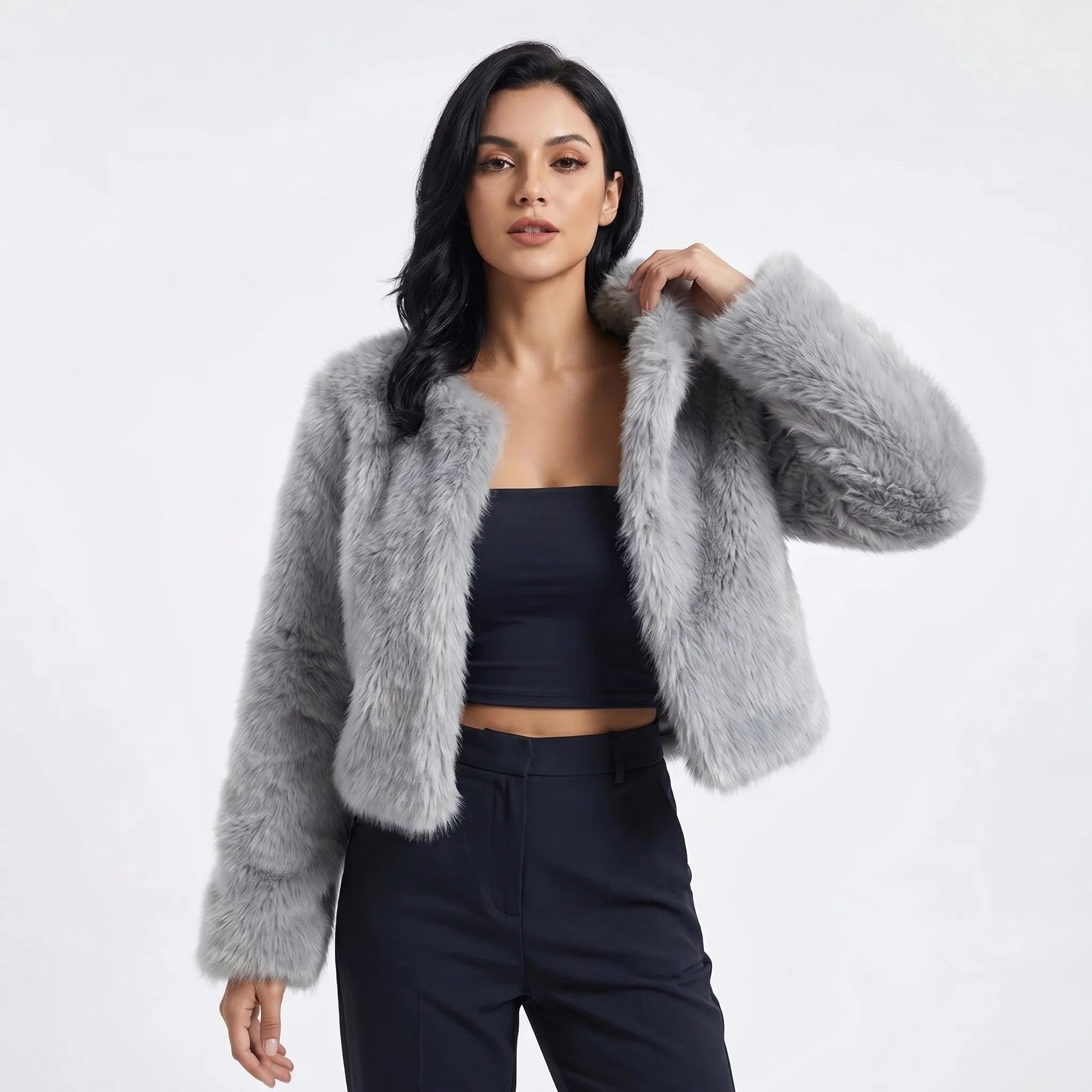 Lena | Damen Kurz Kunstpelz Cardigan Jacke