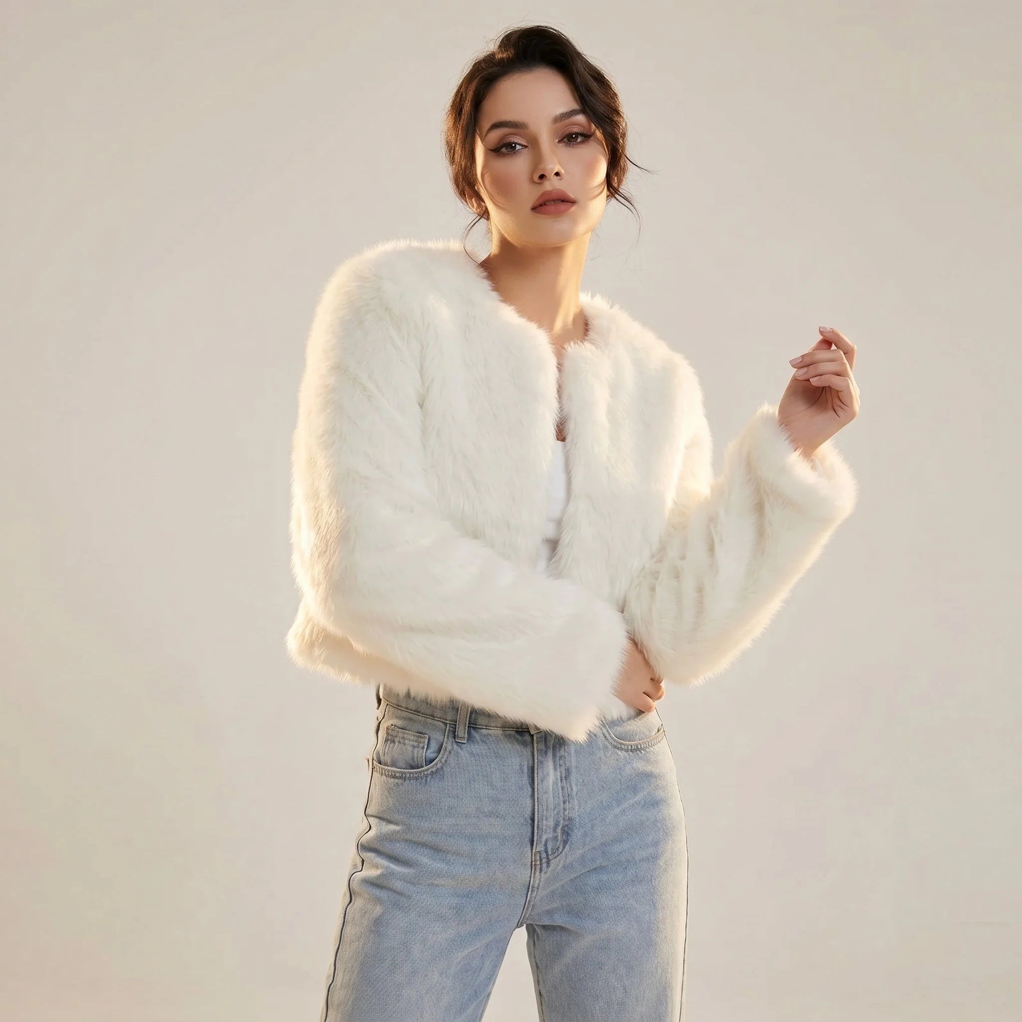 Lena | Damen Kurz Kunstpelz Cardigan Jacke