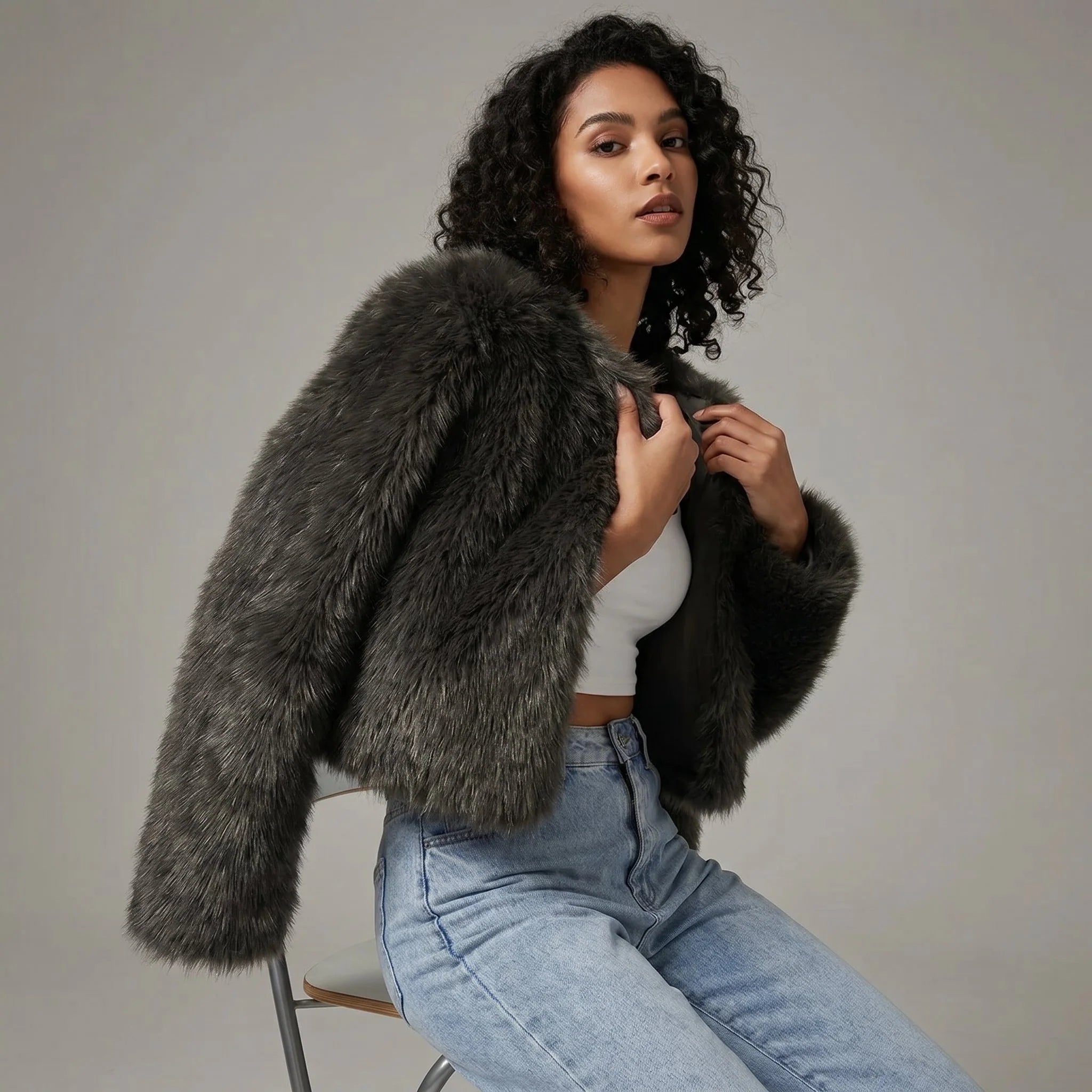 Lena | Damen Kurz Kunstpelz Cardigan Jacke