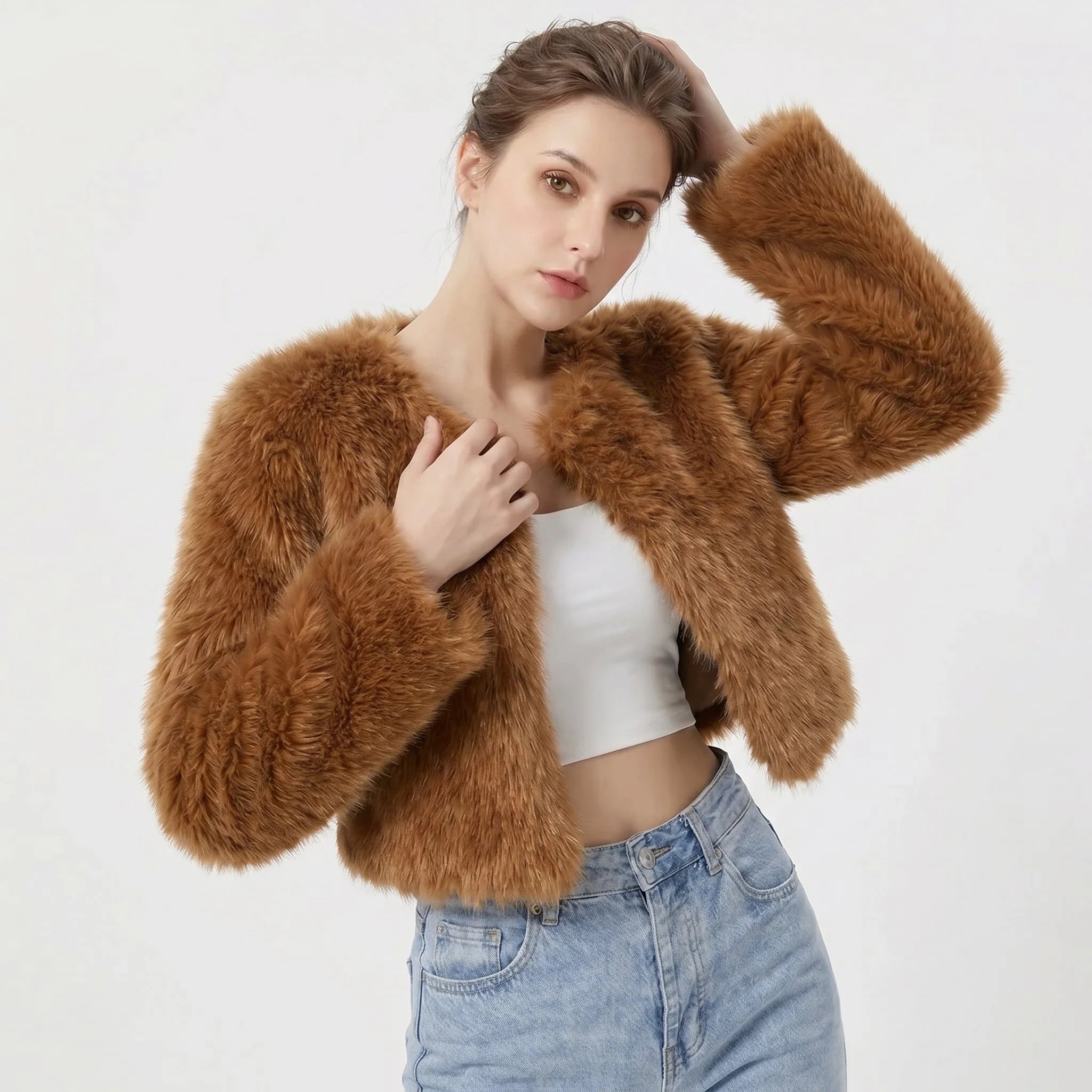 Lena | Damen Kurz Kunstpelz Cardigan Jacke